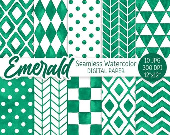Emerald Green Geometric Pattern Watercolor Seamless Digital Paper Pack Printable Polka dot Chevron Party background rhombus triangle Check