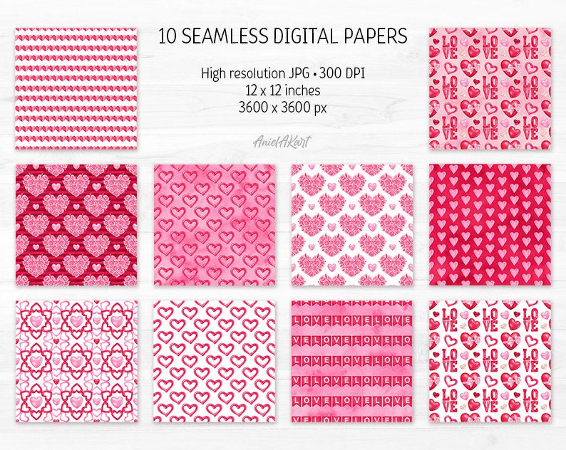 Valentine Day Digital Paper Pack Watercolor Love Seamless Pattern ...