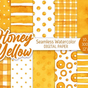 Miel Jaune Sans couture Motif Aquarelle Polka Dot Digital Paper Pack Printable Fond de mariage Aquarelle Rayures Texture de douche de bébé