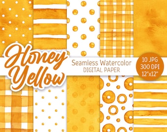 Honey Yellow Seamless Pattern Watercolor Polka Dot Digital Paper Pack Printable Wedding background Watercolor Stripes Baby shower texture