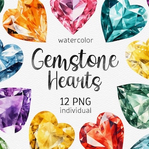 Aquarela Gemstone Heart Clipart Gemstones PNG Sublimação de diamante Pacote de scrapbooking PNG Aniversário Amor download digital uso comercial