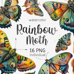 Aquarell Motte Clipart Bundle, Regenbogen Motte PNG, Mystisch Clipart, Hexerei PNG Clipart, Pagan Clipart, Schmetterling Bundle Wiccan