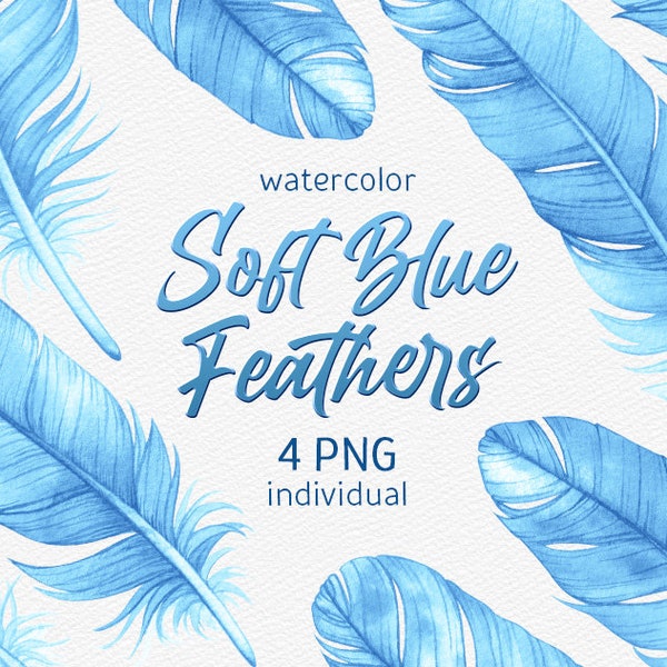 Watercolor Light Blue Feather Clipart Exotic Boho Hand painted Bohemian clip art Digital Scrapbooking set Baby shower boy PNG commercial use