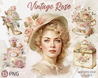 Watercolor Vintage Rose Clipart Bundle Vintage Lady PNG Book clipart Romantic Flower Download Card Making Scrapbook Junk Journal Paper Craft