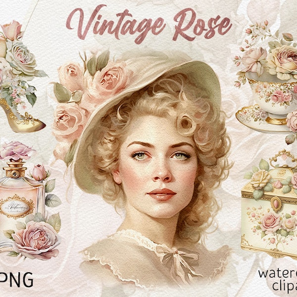 Watercolor Vintage Rose Clipart Bundle Vintage Lady PNG Book clipart Romantic Flower Download Card Making Scrapbook Junk Journal Paper Craft