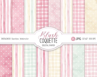 Blush Coquette Digitalt Papperspaket Akvarell Gingham Sömlösa Mönster Rosa Baby Shower Scrapbook Papper Ränder Polka Dots Barnrum Utskrivbart