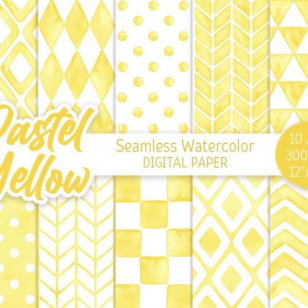 Yellow Geometric Pattern Watercolor Seamless Digital Paper Pack Printable Polka dot Chevron background Baby shower girl rhombus herringbone