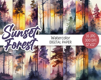Watercolor Sunset Forest Digital Paper Pack Sunrise Printable Scrapbooking Paper Sunset background Landscape Invitations download commercial