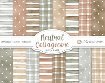 Akvarell Neutral Cottagecore Digitalt Papperpaket Jord Boho Sömlöst Mönster Prickigt Utskrivbart Scrapbook Papper Ränder Bakgrund Gingham