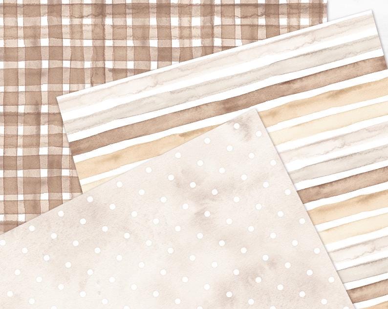 Puede incluir: Tres hojas de papel con patrones en tonos marrones y blancos. La hoja superior tiene un patr&oacute;n de cuadros marrones y blancos. La hoja del medio tiene rayas marrones y blancas. La hoja inferior tiene un fondo blanco con lunares marrones.