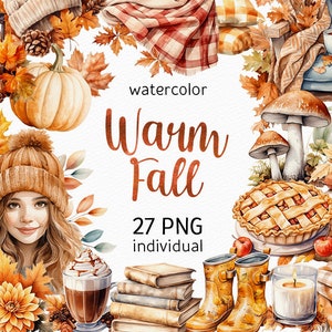 Cálido otoño acuarela clipart acogedor otoño PNG gráficos chica ilustración hogar decoración calabaza especia otoño basura diario descargar uso comercial