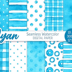 Vivid Blue Seamless Pattern Watercolor Polka Dot Digital Paper Pack Printable Scrapbooking Paper Cyan Watercolor Stripes Light blue Paper