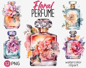 Acuarela Floral Perfume Botellas Clipart Flor Perfume PNG Paquete Moda Clip Art Belleza Ilustración Descarga instantánea Uso comercial