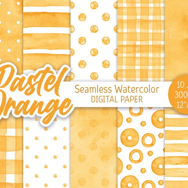 Pastel Orange Seamless Pattern Watercolor Polka Dot Digital Paper Pack Printable Scrapbooking Paper Watercolor Stripes background 12x12 JPEG