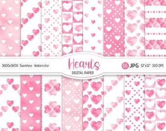 Digitalt papperspaket för akvarell Alla hjärtans dag-motiv, pastellrosa Alla hjärtans dag-bakgrund, kärlek, utskrivbart papper, rodnande hjärtan, sömlöst mönster, digital textur