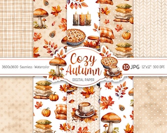 May include: A set of 10 digital paper designs featuring a cozy autumn theme. The papers feature watercolor illustrations of pumpkins, mushrooms, leaves, coffee cups, pie, and pillows. The papers are seamless and can be used for scrapbooking, card making, and other craft projects.