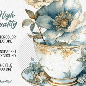 May include: A watercolor illustration of a blue and white flower in a vintage teacup. The flower is delicate and has a soft, romantic feel. The teacup is decorated with gold accents and floral patterns.