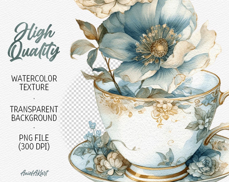 May include: A watercolor illustration of a blue and white flower in a vintage teacup. The flower is delicate and has a soft, romantic feel. The teacup is decorated with gold accents and floral patterns.