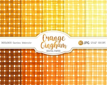 Gul orange gingham akvarell bakgrund Ombre digitalt papperspaket rutigt sömlöst mönster smörgult utskrivbart scrapbookpapper för nedladdning