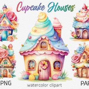 Cupcake House clipart akwarela Fairy House PNG Scrapbooking clipart Bundle Cute Fantasy słodycze sublimacja śmieci dziennik Instant Download