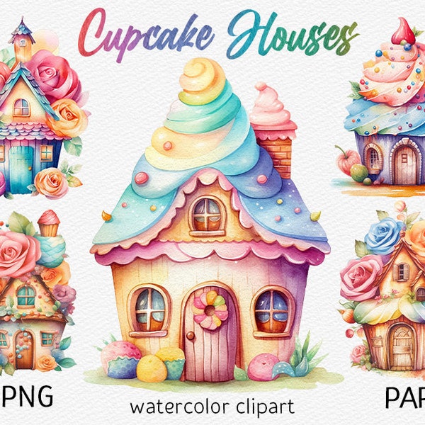 Cupcake House Clipart Watercolor fairy house PNG Scrapbooking clipart bundle Cute Fantasy Sweets Sublimation junk journal instant download