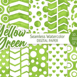 Jaune Vert Digital Paper Pack Aquarelle Confettis Sans Couture Motif Fête d’Anniversaire Fond Imprimable Vert Léopard texture Coeur Chevron