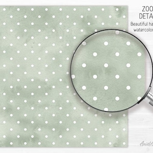 May include: A sage green watercolor design with white polka dots. The image includes a magnifying glass, with the text "ZOOM DETAILS" and "Beautiful handdrawn watercolor design". The design is by AnielAKart.
