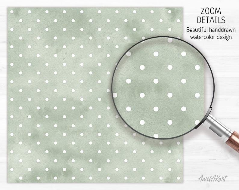 May include: A sage green watercolor design with white polka dots. The image includes a magnifying glass, with the text "ZOOM DETAILS" and "Beautiful handdrawn watercolor design". The design is by AnielAKart.
