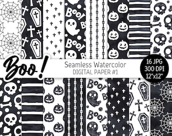 Black & White Halloween Digital Paper Pack Watercolor Seamless Pattern Printable Scrapbook Paper Cute Spooky Boo Ghost Skull Web background