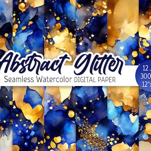 Navy and Gold Digital Paper Pack Aquarell Abstraktes Nahtloses Muster Glitzer druckbares Scrapbooking Papier GoldFolie Hintergrund Schimmer