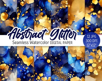 Navy and Gold Digital Paper Pack Watercolor Abstract Seamless Pattern Glitter Printable Scrapbooking Paper Gold Foil background Shimmer