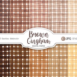 Könnte beinhalten: Eine Sammlung brauner Vichy-Digitalpapierdesigns. Die Aquarellmuster variieren in Braun- und Beigetönen mit einem klassischen Karomuster. Das Bild enthält den Text "Brown Gingham DIGITAL PAPER" und "10 JPG 12"x12" - 300 DPI".