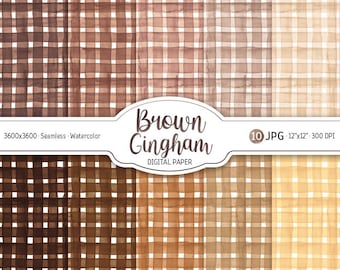 Brunt gingham akvarell digitalt papperspaket neutralt boho sömlöst mönster beige gingham bakgrund rutigt utskrivbart scrapbookpapper för nedladdning