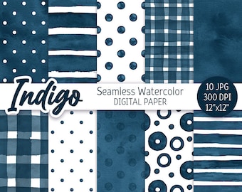 Indigo Blue Seamless Pattern Watercolor Polka Dot Digital Paper Pack Party Printable background Watercolor Stripes texture scrapbook paper