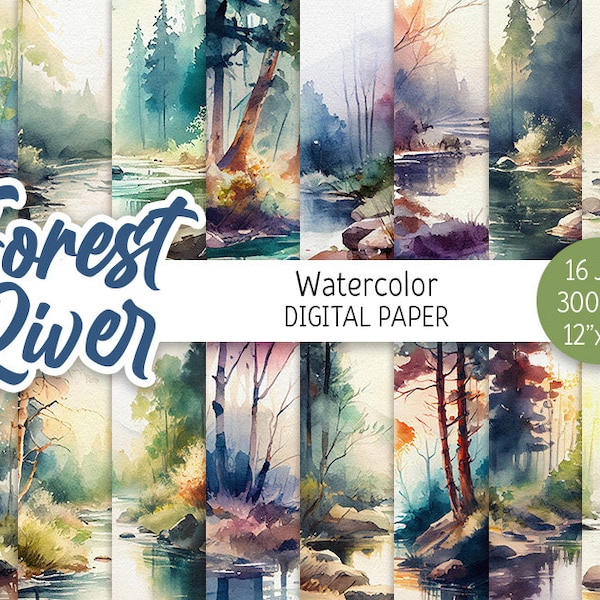 Watercolor Forest River Digital Paper Pack Foggy Wood Printable Scrapbooking Paper Pine Trees Summer Landscape background digital download