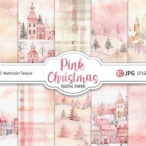 Rosa Weihnachten Digital Paper Pack Aquarell Winter Dorf druckbare Scrapbooking Papier Wald Winter Landschaft Schnee Urlaub Hintergrund