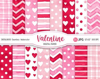 Valentine's Day Digital Paper Pack Watercolor Hearts Seamless Pattern Love Printable Scrapbooking Paper Pink Stripes Dots Chevron background