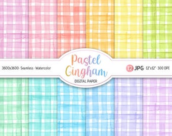Digitalt papperspaket med pastellginghammönster i akvarell, pastellfärgade regnbågsnyanser, sömlösa mönster, mjuka toner, utskrivbart scrapbookpapper, vårbakgrund
