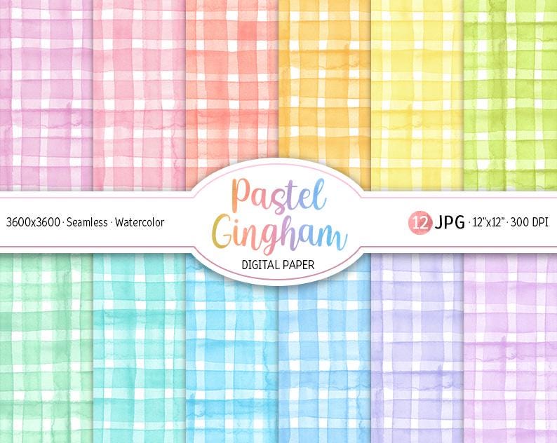 Pastel Gingham Digital Paper Pack Watercolor Pastel Rainbow Hues ...