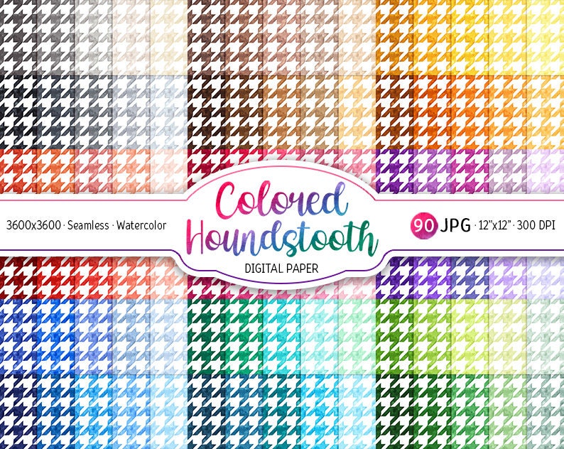 90 Watercolor Tinted Houndstooth Rainbow Digital Paper Pack Bundle  Background Seamless Pattern Printable Scrapbook Download Commercial Use
