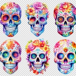May include: Six colorful sugar skulls with floral designs. The skulls are painted in shades of blue, pink, purple, yellow, and green. Each skull has a different floral pattern and is decorated with intricate details.