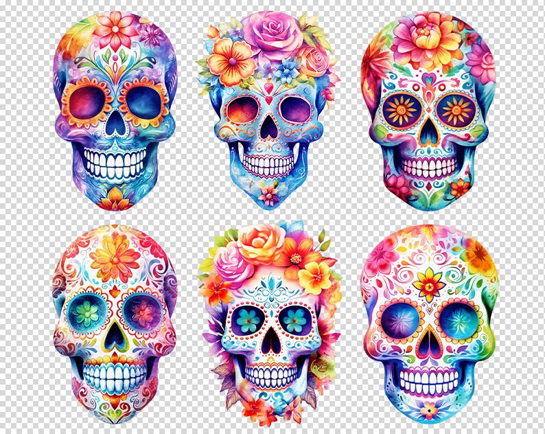 May include: Six colorful sugar skulls with floral designs. The skulls are painted in shades of blue, pink, purple, yellow, and green. Each skull has a different floral pattern and is decorated with intricate details.