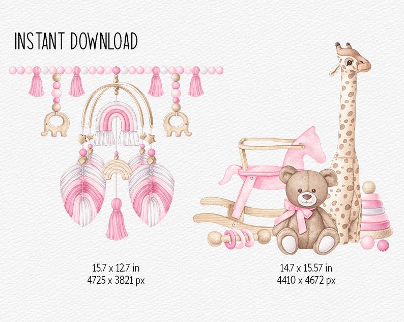 Baby Girl Watercolor Clipart Boho Nursery PNG Pink Baby Shower Clipart ...