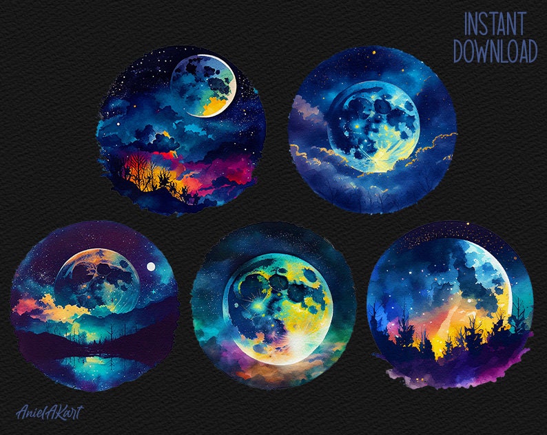 Watercolor Full Moon Clipart Bundle Magic Starry Night PNG Cozy ...