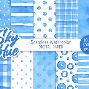Sky Blue Seamless Pattern Watercolor Polka Dot Digital Paper Pack Printable Scrapbooking Paper Cyan Watercolor Stripes Light blue Paper