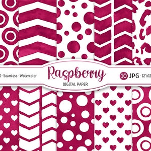 May include: Set of 10 digital papers featuring various patterns in shades of pink and white. The patterns include polka dots, hearts, chevron, and circles. The text "Raspberry Digital Paper" is included in the image.