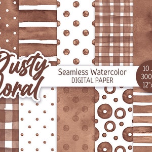 Marron Seamless Pattern Aquarelle Polka Dot Digital Paper Pack Imprimable Scrapbooking Paper Aquarelle Check Dark brown Stripes Background