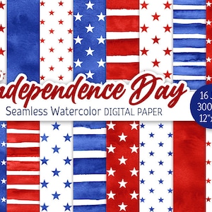 Independence Day Digital Paper Pack Aquarel Sterren naadloos patroon Blauw Rode Strepen Afdrukbare Scrapbooking Papier Patriottische 4 juli