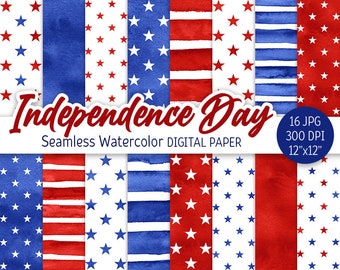 Independence Day Digital Paper Pack Watercolor Stars Seamless Pattern Blue Red Stripes Printable Scrapbooking Paper Patriotic 4th of July