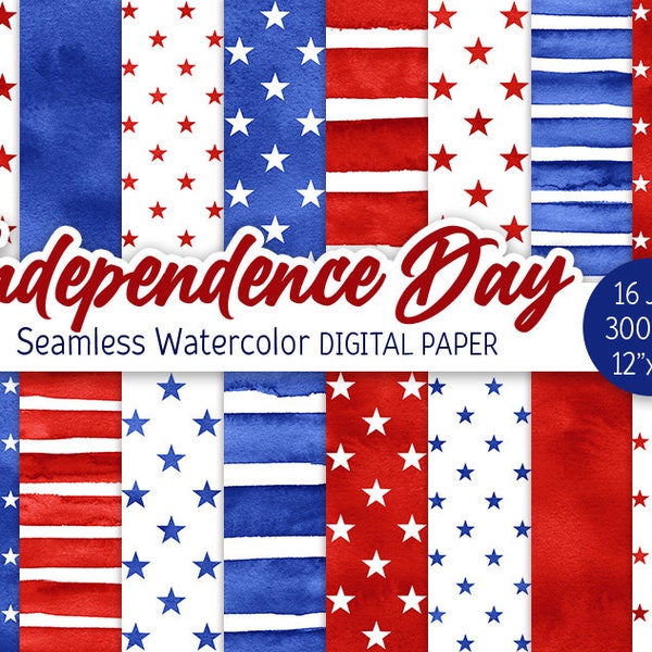 Independence Day Digital Paper Pack Watercolor Stars Seamless Pattern Blue Red Stripes Printable Scrapbooking Paper Patriotic 4th of July